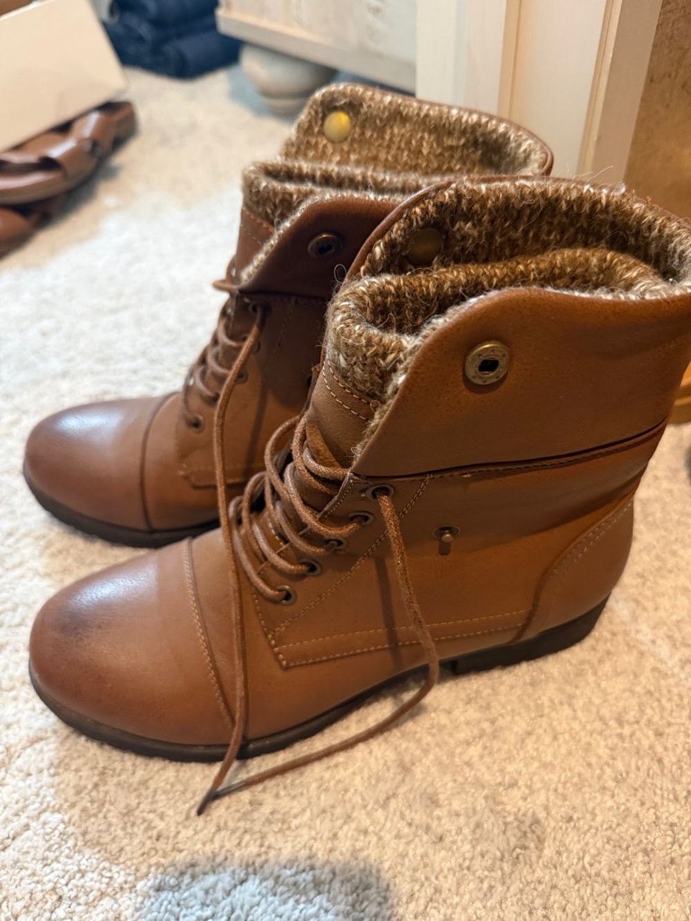 Women’s Brown Lace-Up Faux Leather Ankle Boots with Knit Cuff